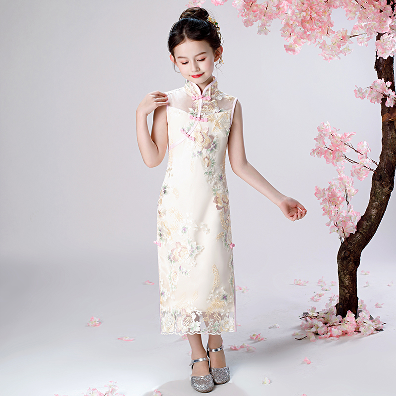 女童旗袍裙夏中长款开叉中国风小女孩宝宝儿童旗袍