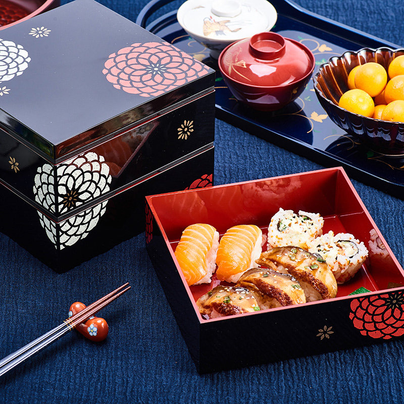 可可屋日本原装进口复古古风漆器装饰点心双层便当饭盒