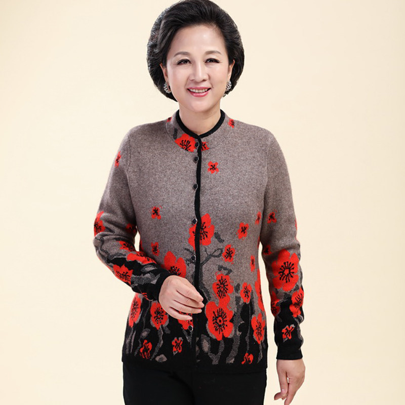 中年妈妈装开羊毛衫加厚提花大码宽松老年奶奶中老年女装