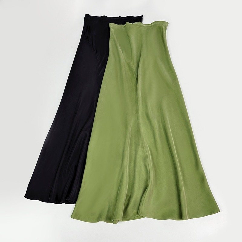 burane615橄榄亮宝宝石绿色铜氨丝磨毛通勤吊带长款半身裙