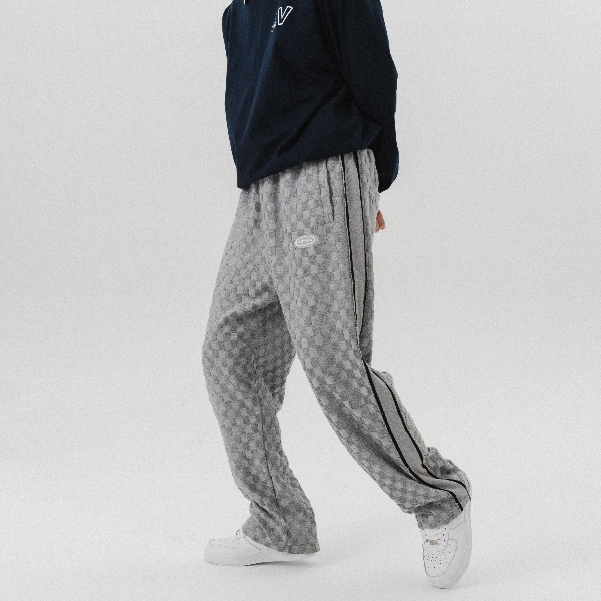 JUST VIBE 潮牌休闲裤子夏季原创灰色棋盘格长裤潮男女直筒运动裤