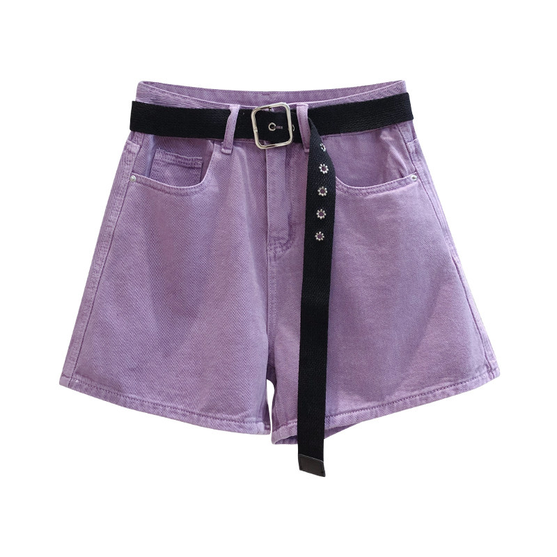 夏季紫色牛仔短裤女2020新款高腰显瘦百搭网红a字阔腿裤宽松热裤