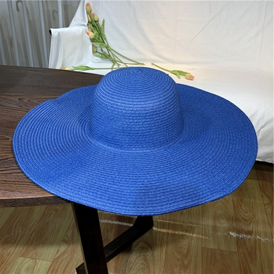 经典百搭宝蓝色可折叠大沿草帽女夏天海边沙滩度假防晒遮阳帽子春