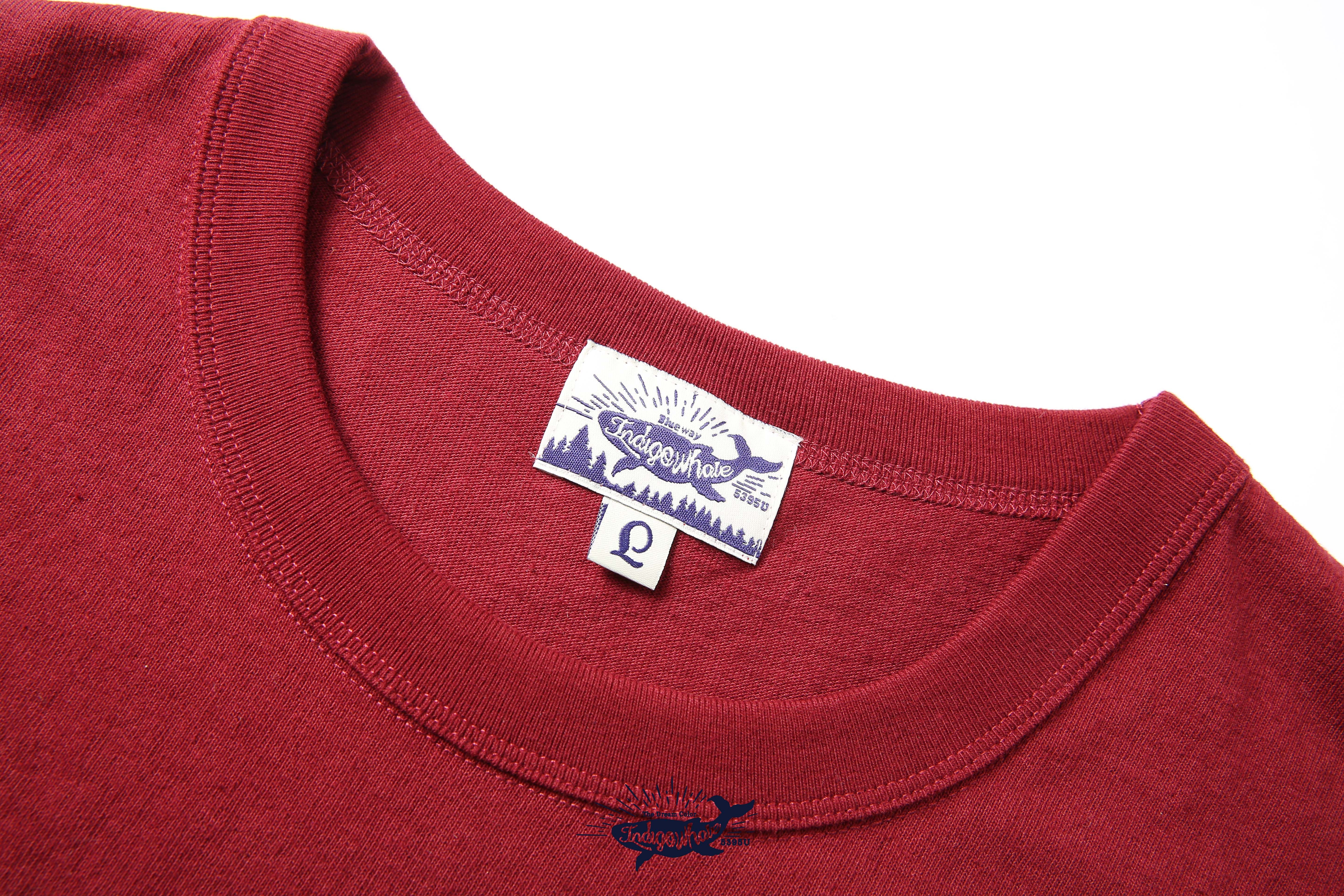 indigowhale鲸蓝染oe纱圆领口袋tee美式复古纯棉t恤重磅麻棉圆筒