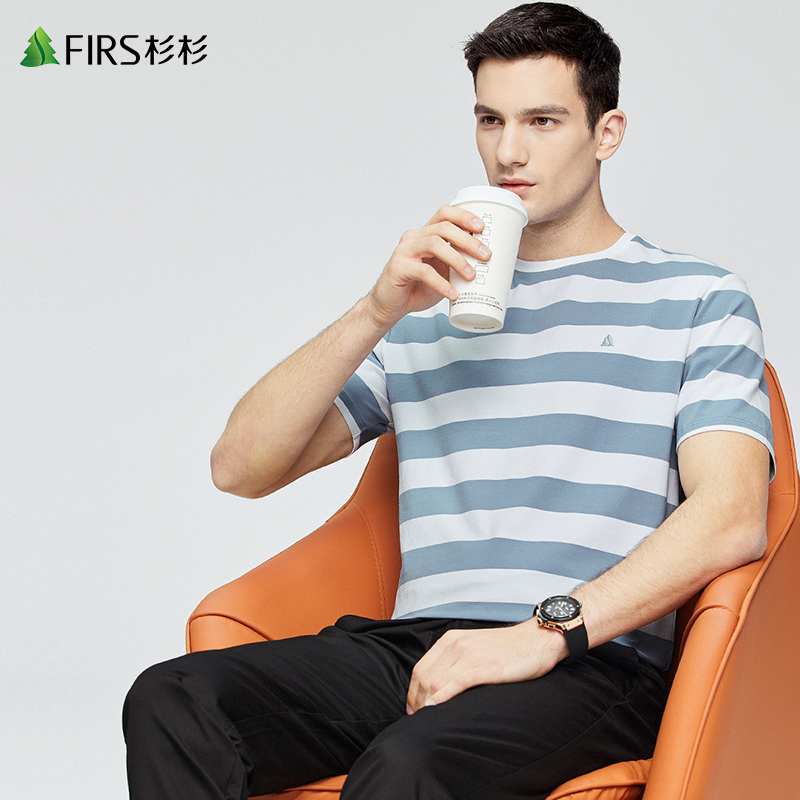 【纯棉弹力】杉杉男装条纹短袖T恤男2022夏季新款圆领休闲上衣