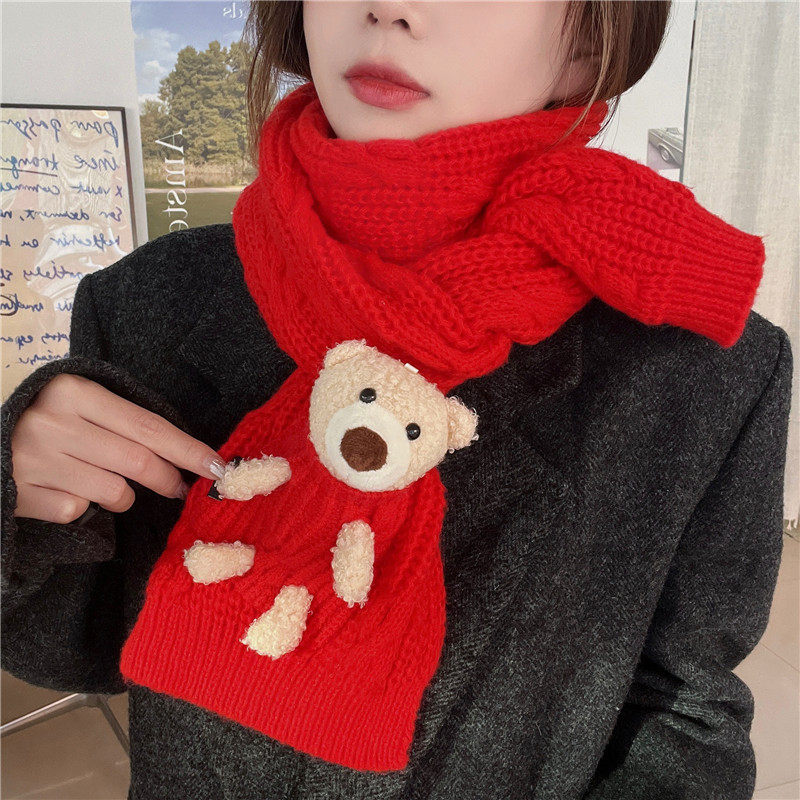 口袋小熊针织麻花围巾女生礼物日系秋冬可爱围巾