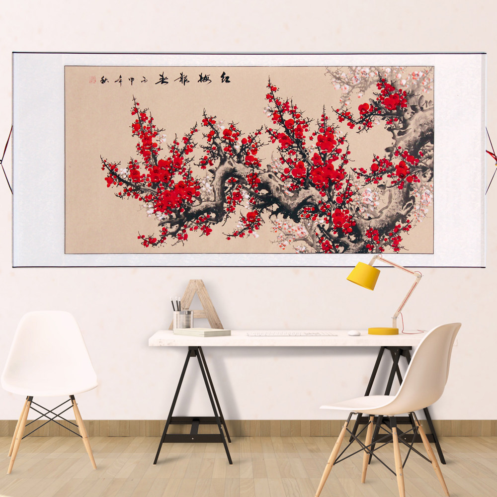 特价中堂画纯手绘梅花写意花鸟字画红梅报春图客厅装饰国画已装裱