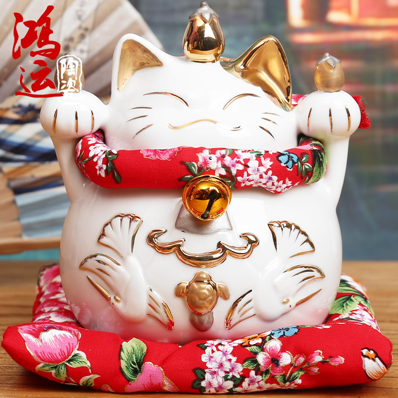 日本猫舍道乐堂金色茄子双手招财猫陶瓷储钱罐摆件开业招财猫