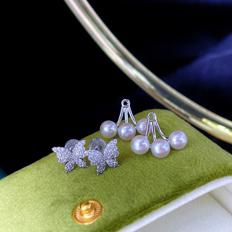 精工纯银蝴蝶耳钉耳坠强光天然淡水珍珠双戴耳饰