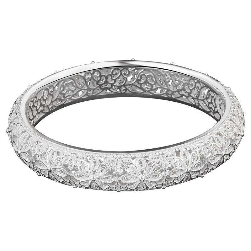 拉丝古法手镯纯银妈妈宽边镂空镯子时尚大气手镯