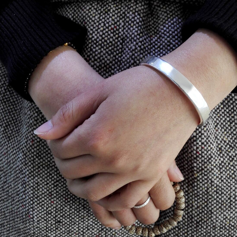 传承宽边光面素银手镯手工定制开口经典情侣手镯