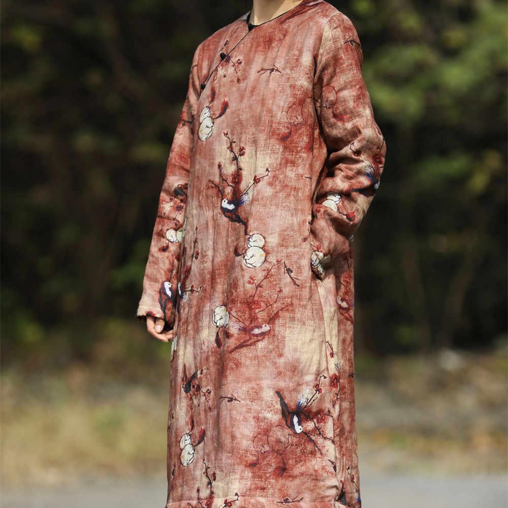 冬新亚麻数码印花花鸟图盘扣棉袍子长款加绒棉衣