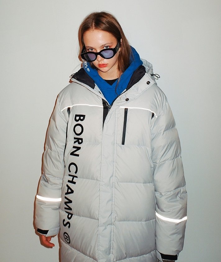 羽绒服韩国直邮正品男女bornchamps银灰色长款down反光羽绒服