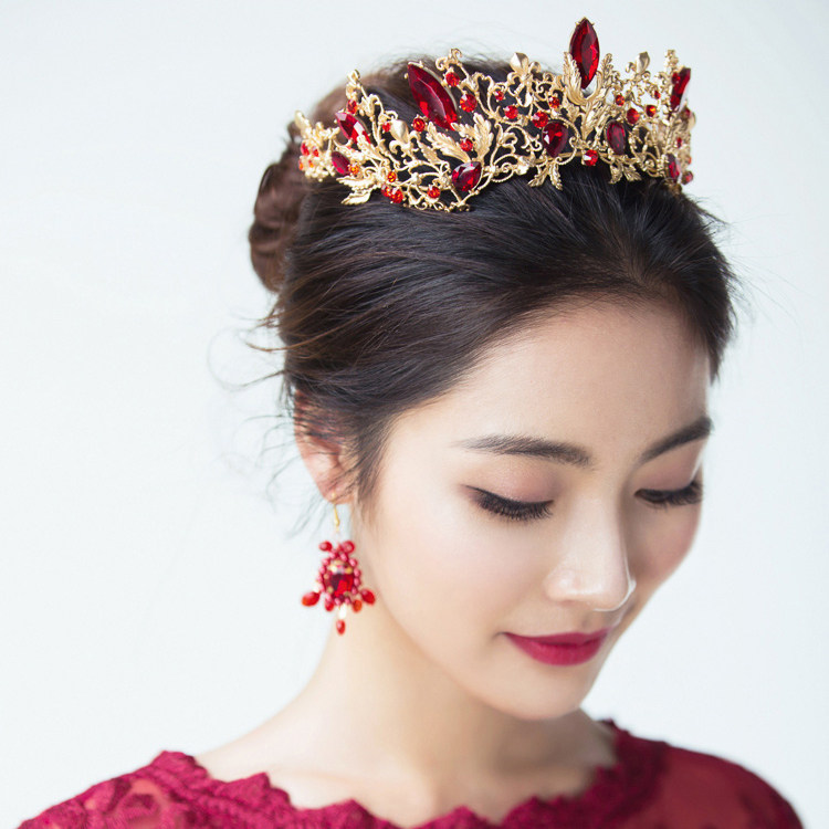 新品新娘女皇新娘头饰欧式复古皇冠饰品红色结婚皇冠婚纱礼服发饰