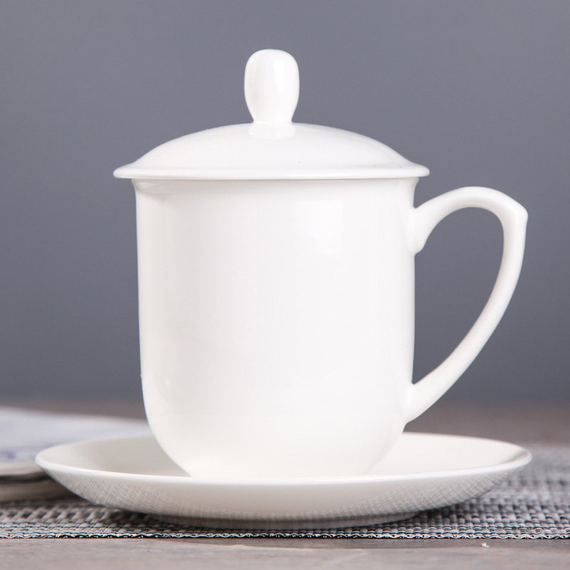 景德镇骨瓷茶杯陶瓷杯子带盖白色办公室水杯酒店马克杯