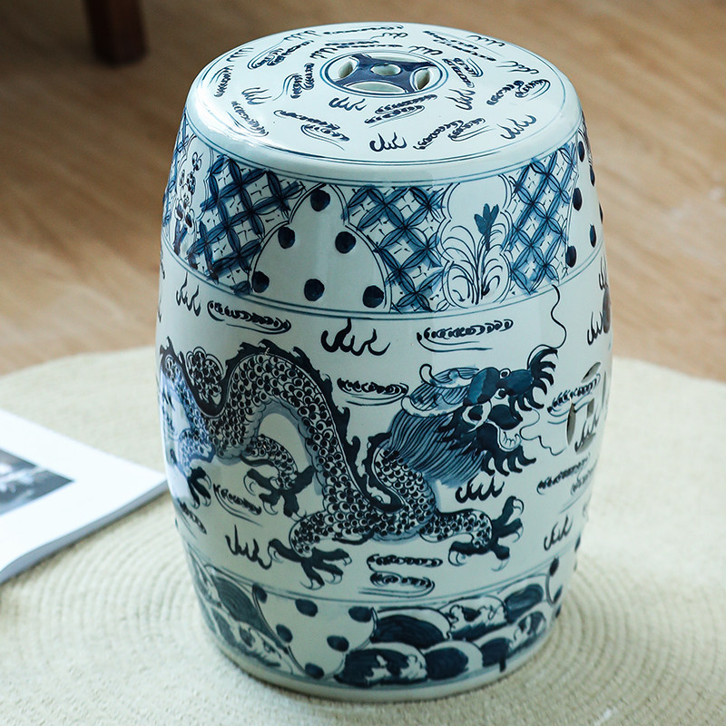 陶瓷手绘鼓凳景德镇龙纹圆凳茶几仿古青花瓷鼓墩