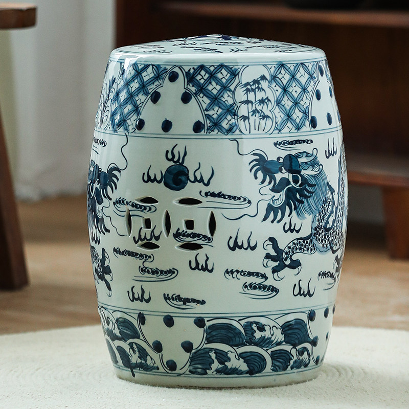 陶瓷手绘鼓凳景德镇龙纹圆凳茶几仿古青花瓷鼓墩