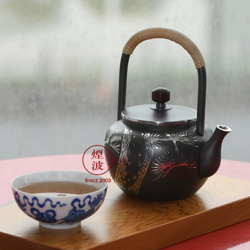 茶壶烟波日本大阪浪华锡器松竹梅纹提梁锡壶茶壶