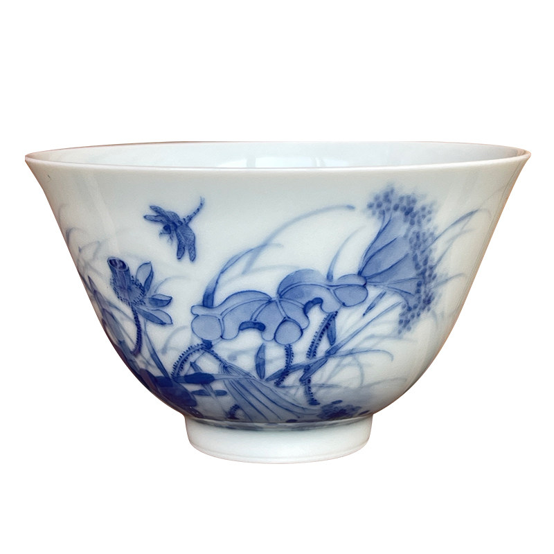 烟波景德镇觉山隐窑赏珍款仿清青花莲池白鹭品茗茶杯