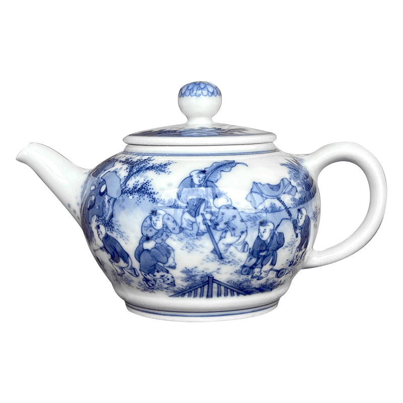 小雅景德镇阮定荣造珍藏青花蕉园婴戏万字瓷壶茶壶