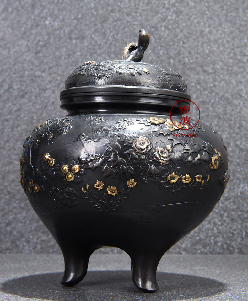 烟波日本高冈铜器村田宏作蜡型铸铜花鸟彩色香炉香薰炉
