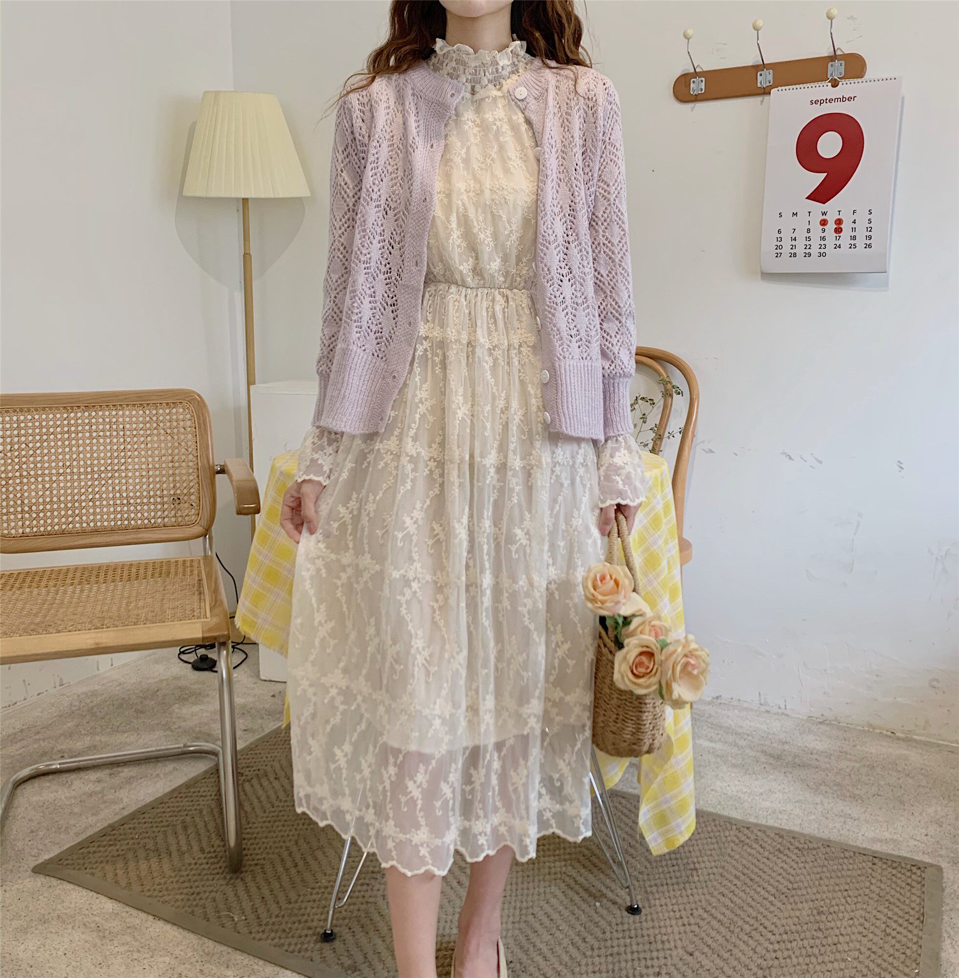 dearyn温柔仙气可单穿可内搭长袖蕾丝连衣裙连衣裙