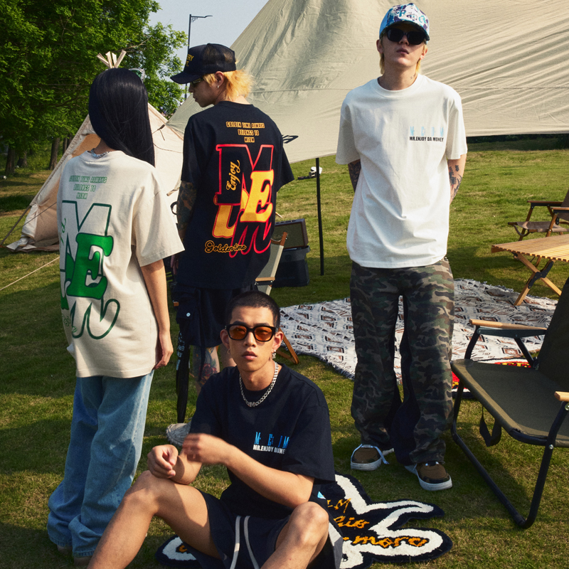 MEDM国潮牌简约字母印花短袖T恤男夏季宽松街头圆领五分袖上衣服