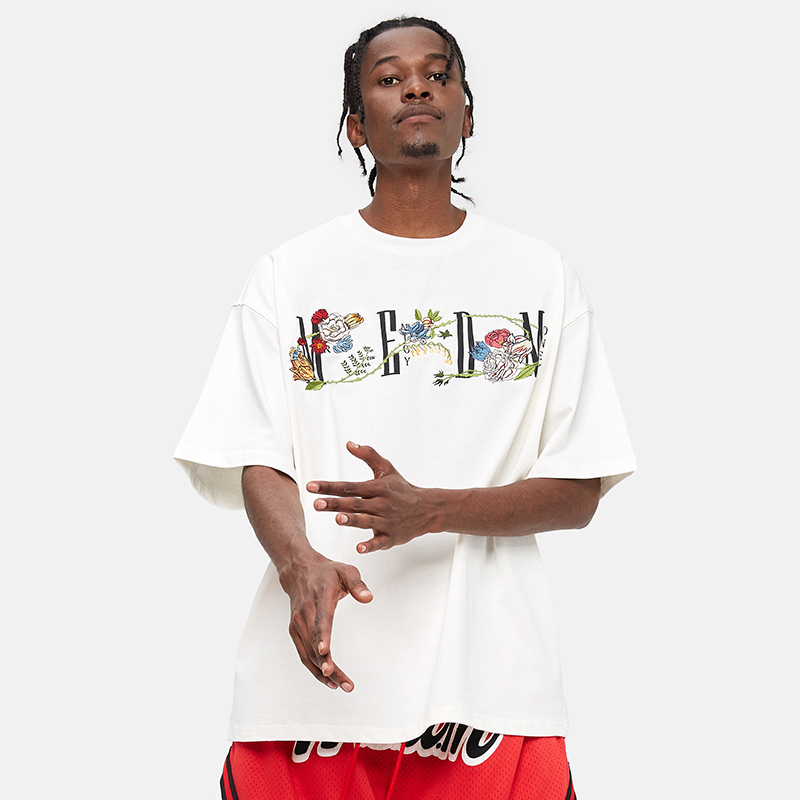 MEDM玫瑰花M标印花夏季新款短袖男女情侣潮流宽松休闲潮牌上衣