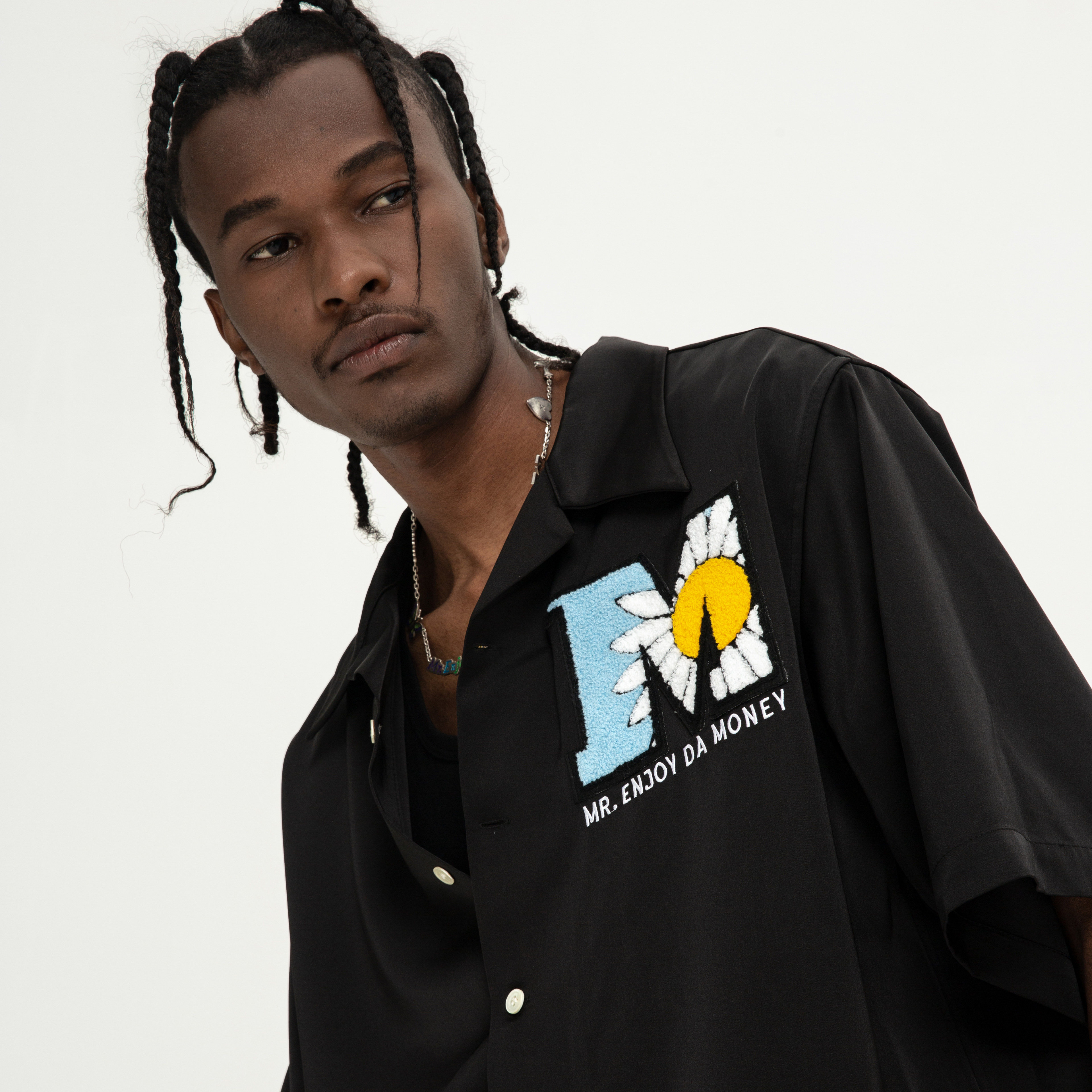 medm 20ss丝绸衬衫男潮m字母植绒古巴领潮流宽松休闲