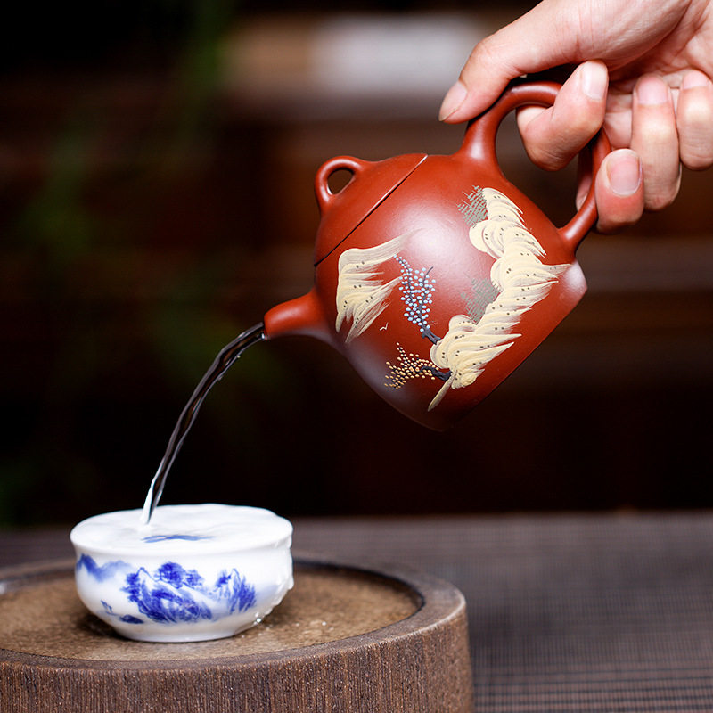 宜兴姜礼明紫砂壶大红红袍手泥绘秦茶壶家用制泡茶壶