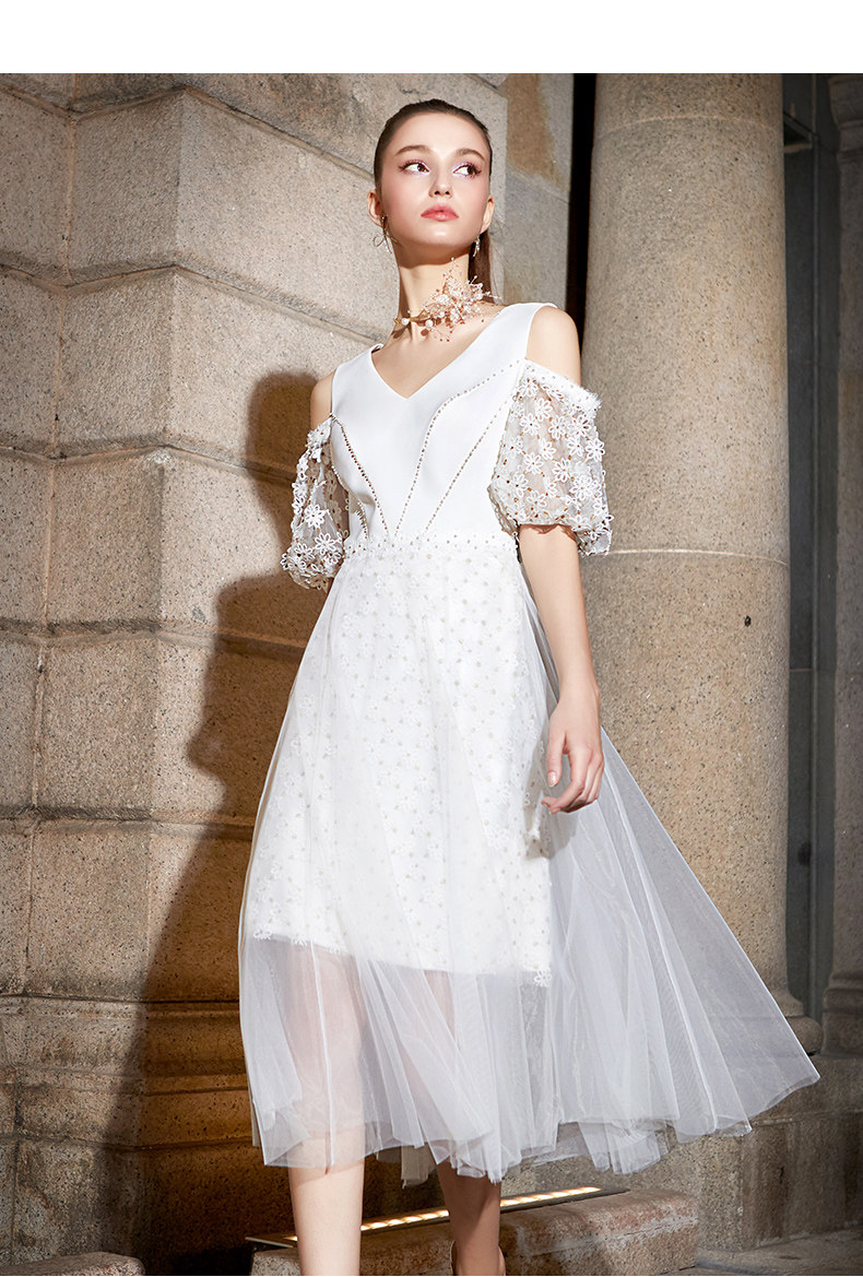 法式初恋气质白色蕾丝丝网褶皱心机礼服露背礼服