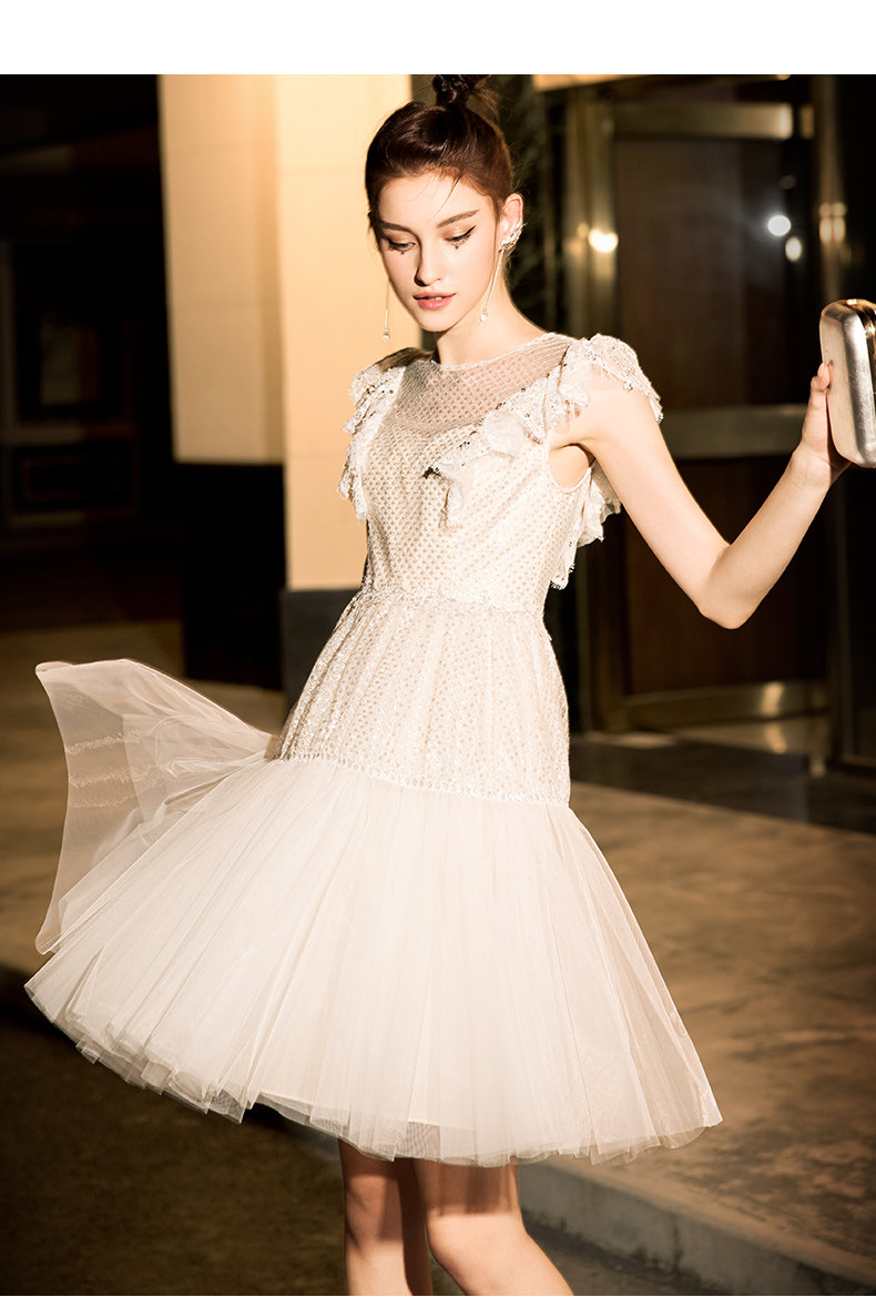 礼服2021新款早秋宴会蛋糕约会杏色气质连衣裙礼服