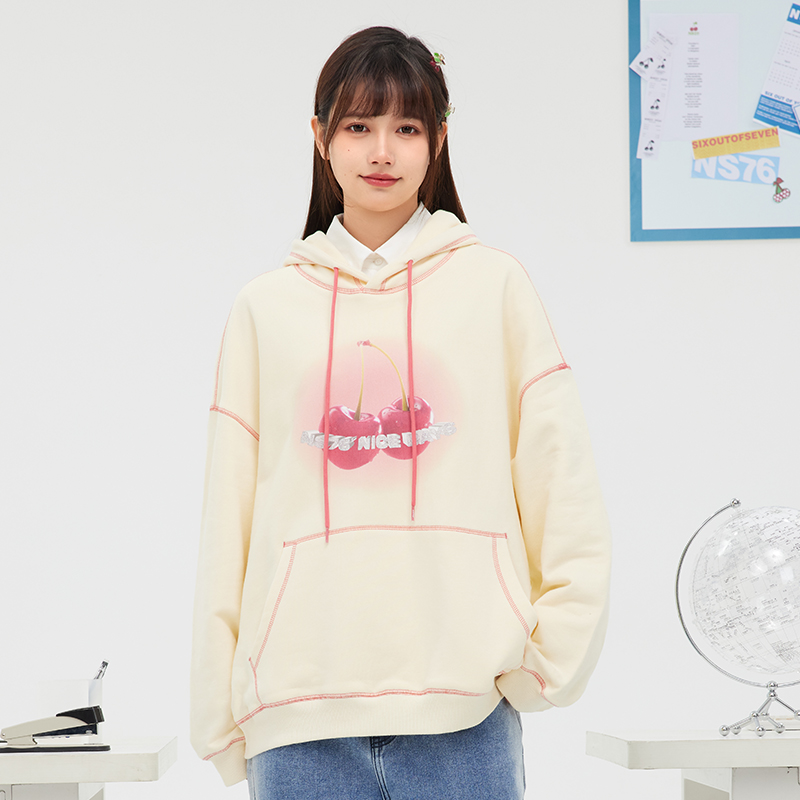 NS76 22SS春季新款三针五线写实樱桃连帽套头卫衣情侣款休闲帽衫