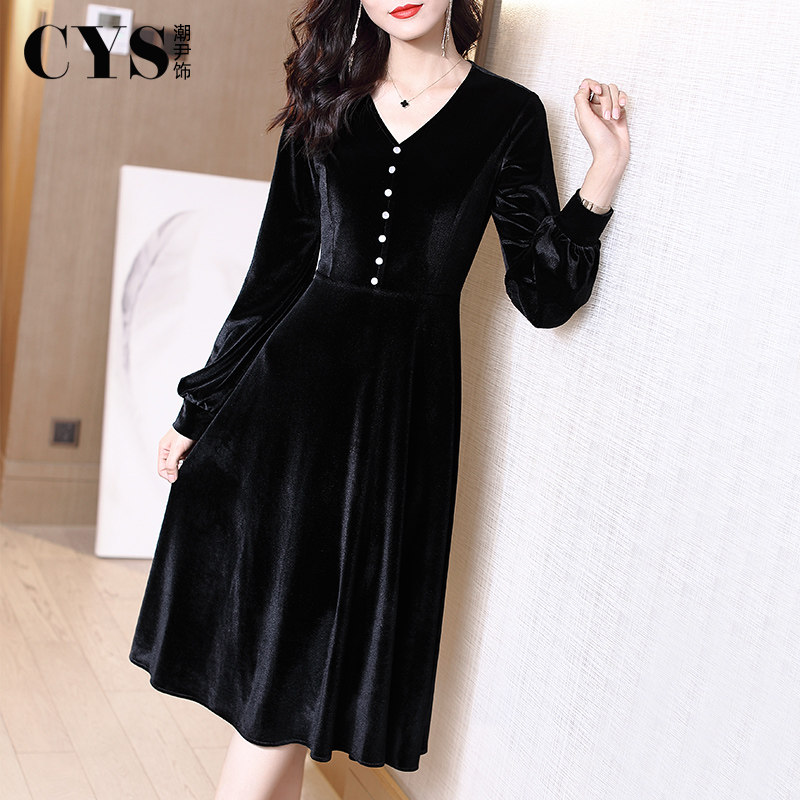 黑色金丝绒长袖连衣裙2022春秋新款气质高端丝绒连衣裙