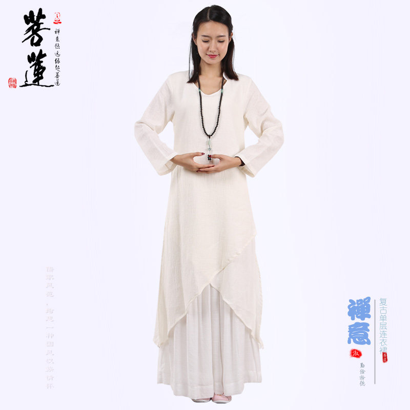 菩莲禅服女皱麻连衣裙国风民族亚麻棉麻连衣裙