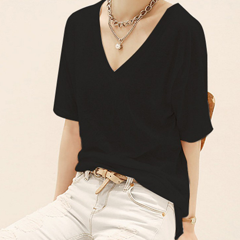 v领t恤女短袖宽松竹节棉半袖白色打底衫 韩范大码t桖低领黑色上衣