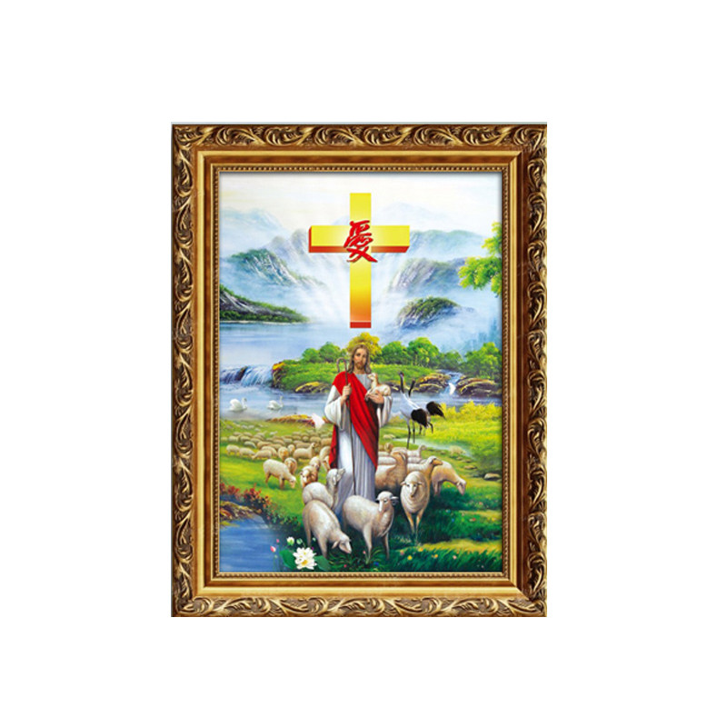 喷绘耶稣牧羊画像油画玄关 挂画教会十字架中堂画人物信仰墙 壁画