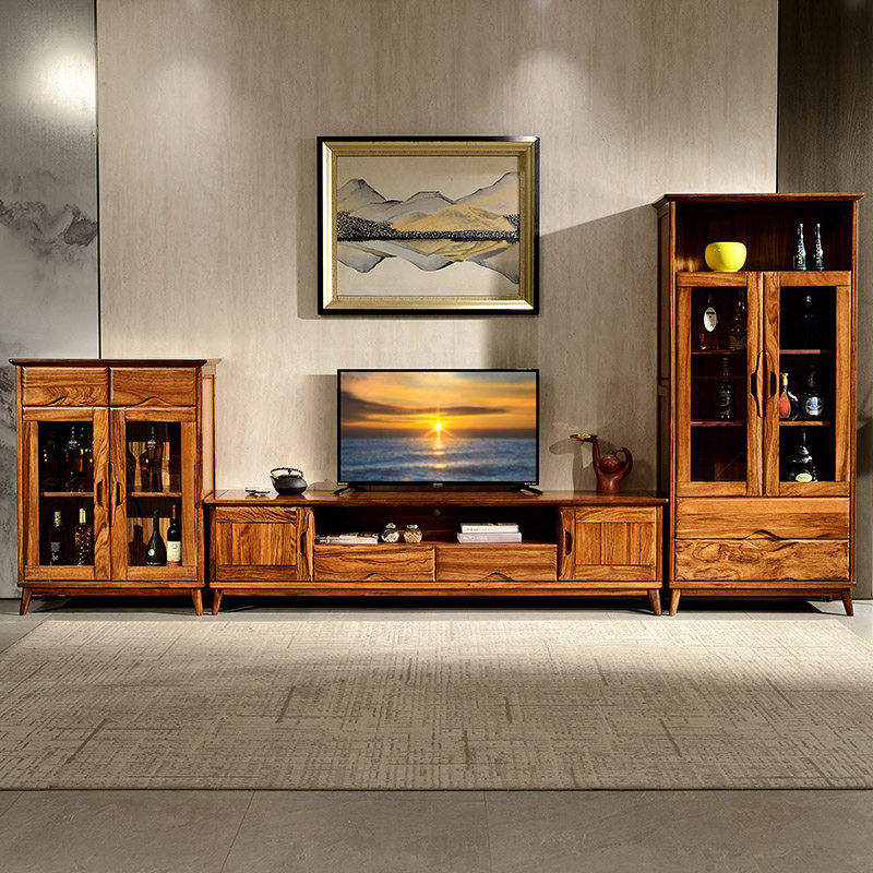 电视柜现代中式乌金金木简约客厅实木组合高柜矮电视柜