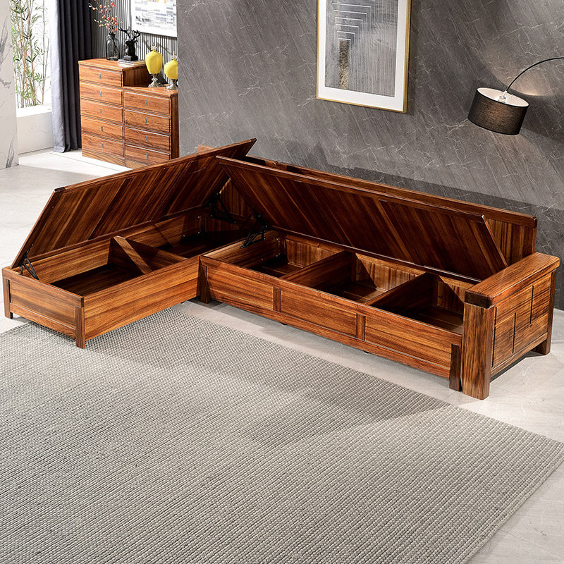 沙发实木现代简约转角中式乌金金木高箱储贵妃实木沙发