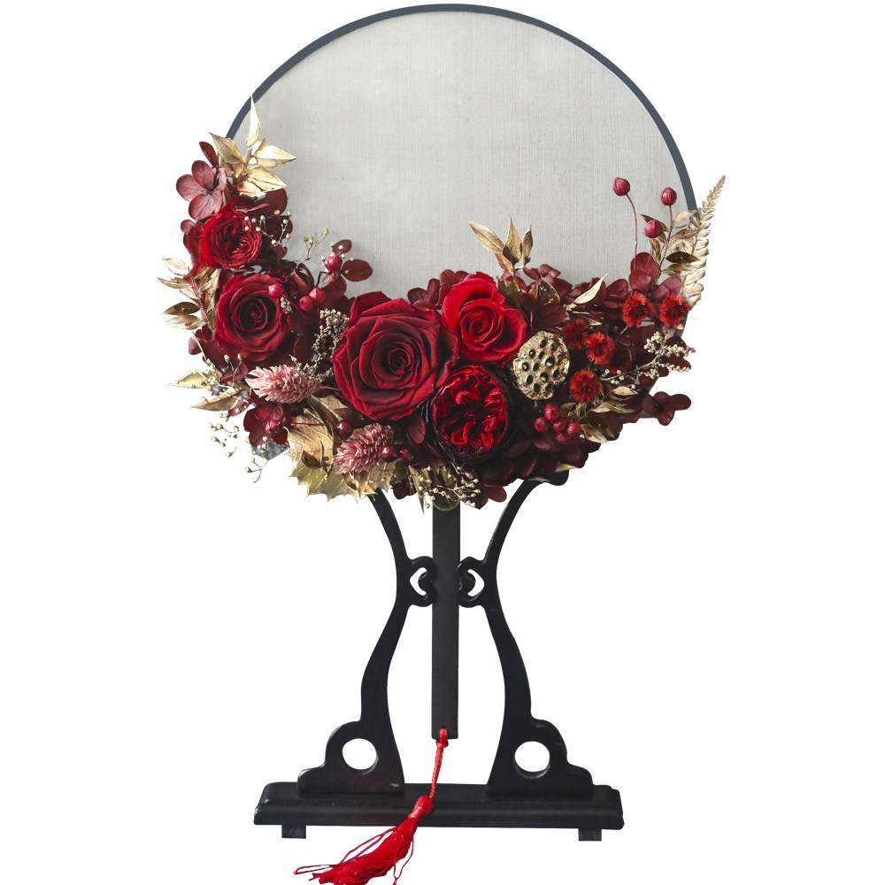 蔷薇永生花diy材料包中式团扇新娘结婚手工礼物成品中国风喜扇子