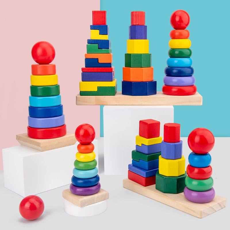 木质益智七彩虹塔叠叠乐宝宝层层套圈玩具套塔婴儿叠叠圈