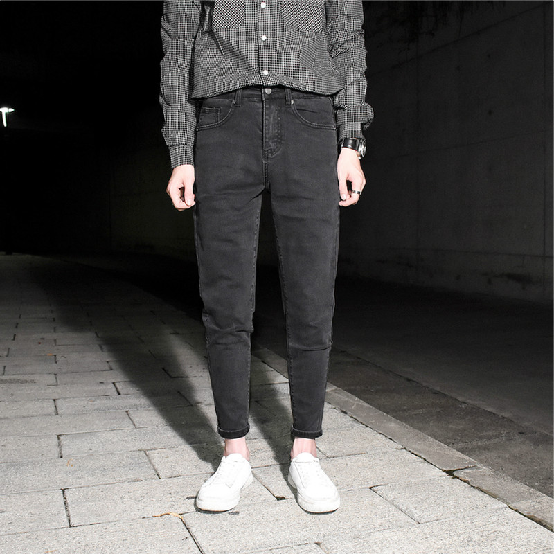 黑灰色光板简约修身九分牛仔裤男士小脚百搭微跨弹力锥形裤春新款