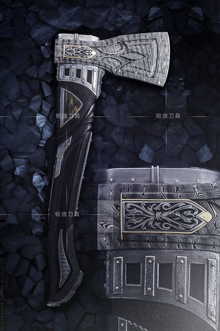 北欧名匠锻造雕刻乌木手柄大马士革维京战斧装饰工兵斧