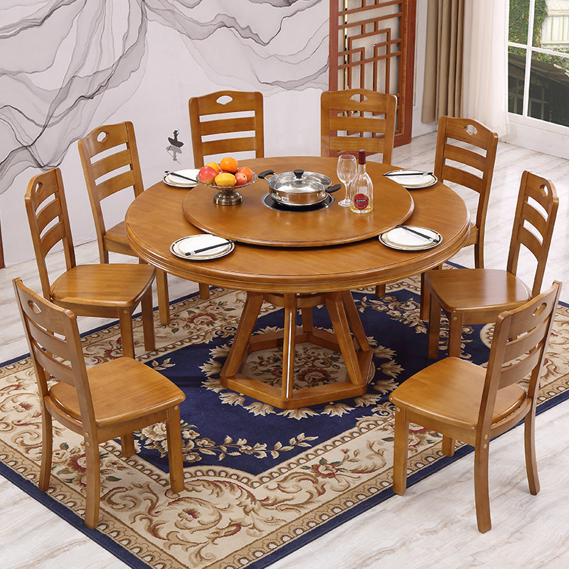 实木餐桌桌椅组合8人中式现代转盘圆形桌子餐桌