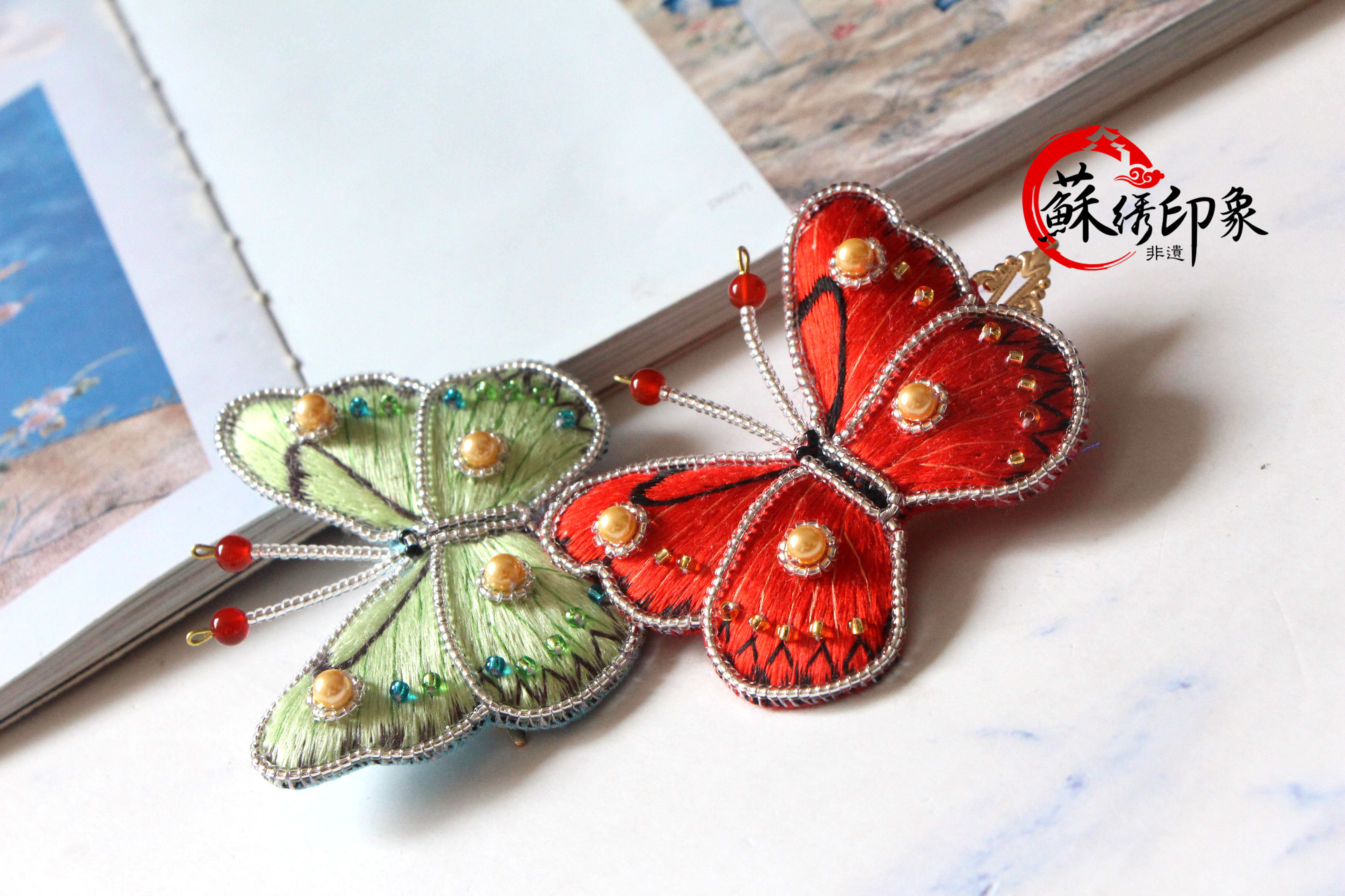 手工苏绣蝴蝶发夹绣花发饰中国国风特色配饰苏绣