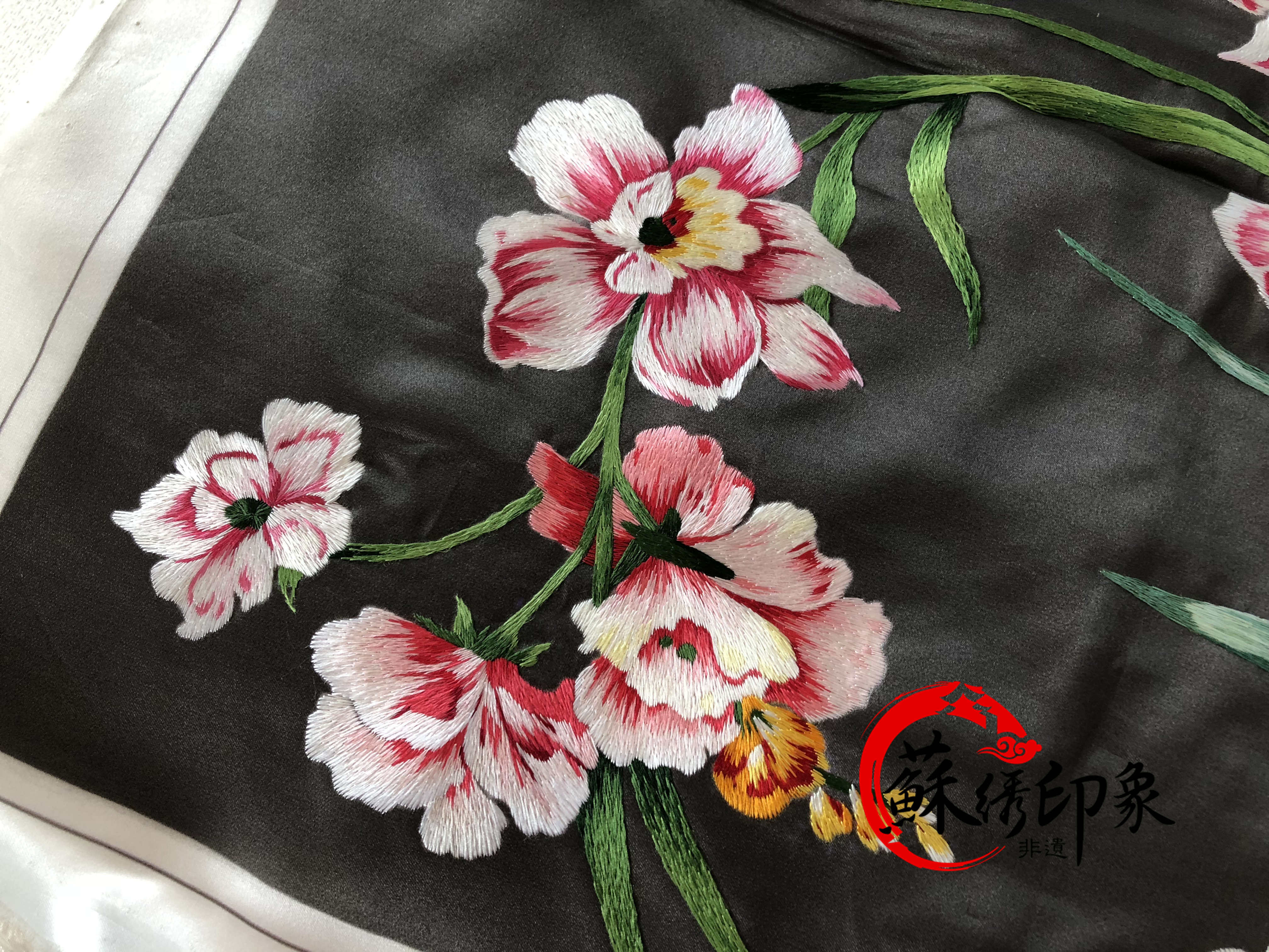 手工苏绣单面芙蓉花软裱装饰抱枕枕套50x50cm苏绣