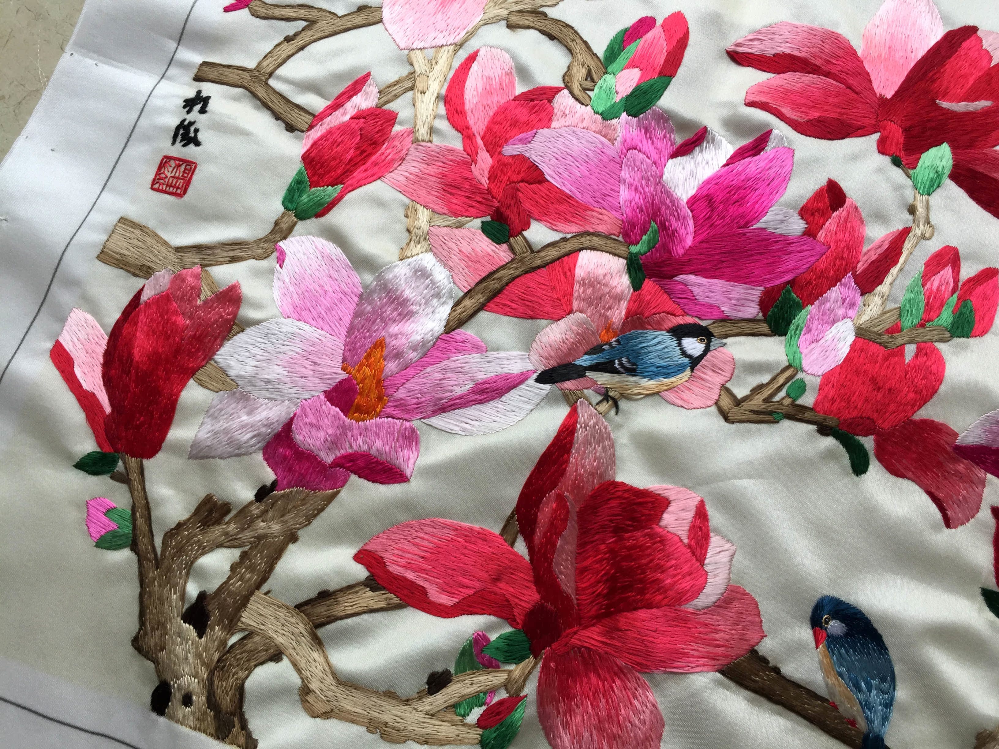 手工苏绣玉兰花鸟布片单面刺绣软裱苏绣