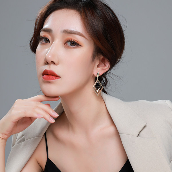 修饰脸型气质长款几何菱形耳坠女无耳洞耳夹女耳环