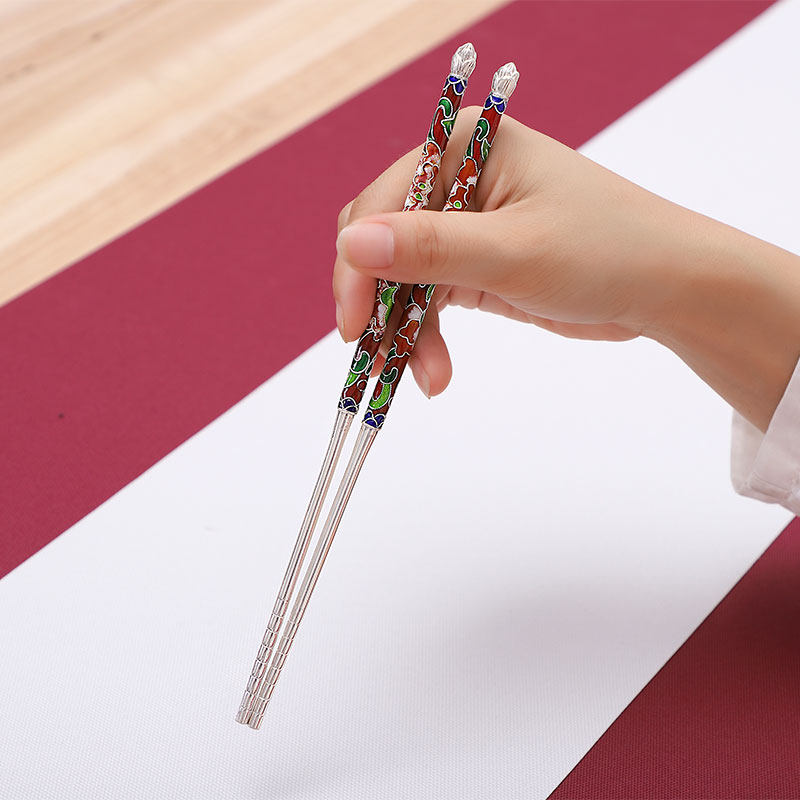 筷子归银堂银纯银景泰蓝定制餐具实心便携1双筷子