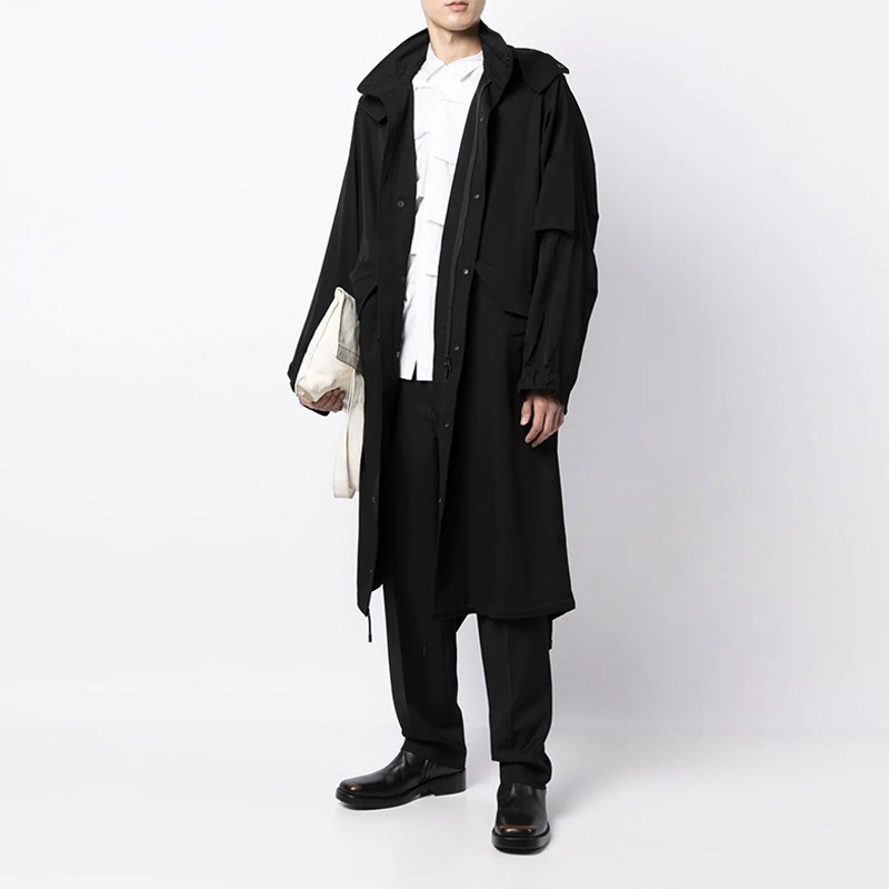 yojiooak连帽抽绳中长外套黑色山本耀司主线风衣